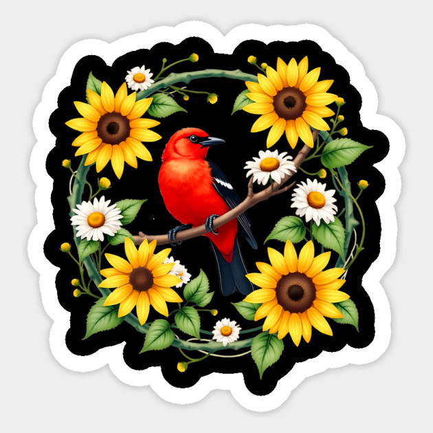 Scarlet Bird in Sunflower and Daisy Wreath Design Magnet by BirdsnStuff