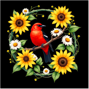 Scarlet Bird in Sunflower and Daisy Wreath Design Posters and Art