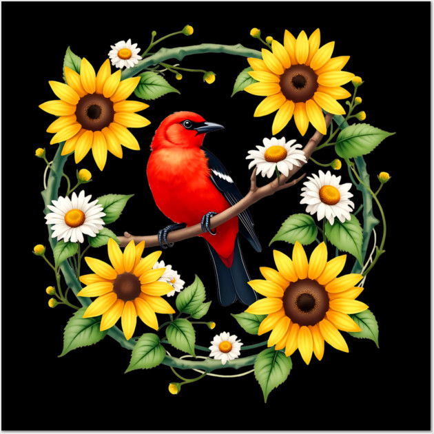 Scarlet Bird in Sunflower and Daisy Wreath Design Wall Art by BirdsnStuff