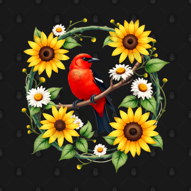 Scarlet Bird in Sunflower and Daisy Wreath Design by BirdsnStuff