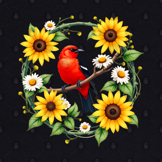 Scarlet Bird in Sunflower and Daisy Wreath Design by BirdsnStuff