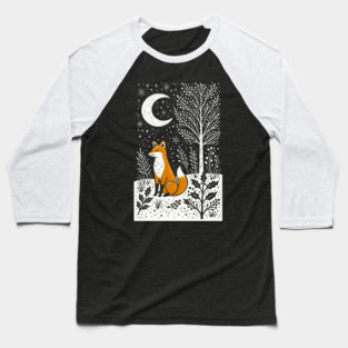 Cottagecore Winter Fox in Moonlit Forest Baseball T-Shirt