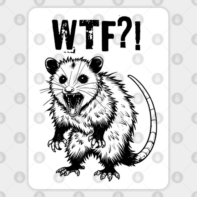 Hissing Feral Possum Screaming "WTF?!" into the void, snarky sarcastic angry opossum Sticker by Luxinda