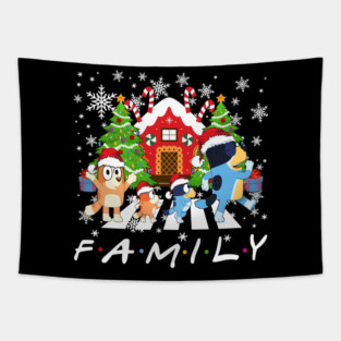 Bluey Christmas Family Walking Around Xmas Tree Tapestry