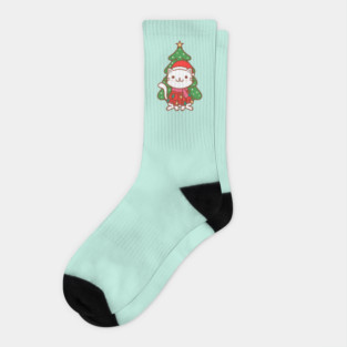Cute Christmas Cat Kawaii Illustration Socks