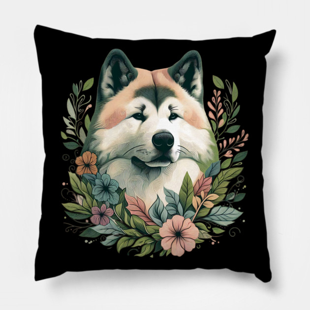 Floral Akita Dog Art Pillow by BirdsnStuff