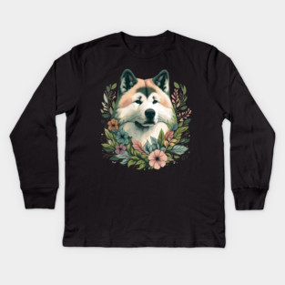 Floral Akita Dog Art Kids Long Sleeve T-Shirt
