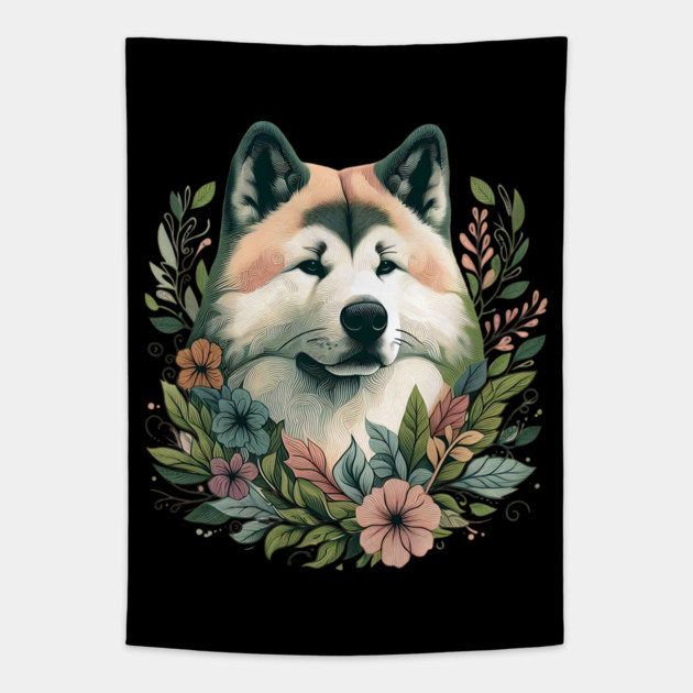 Floral Akita Dog Art Tapestry by BirdsnStuff