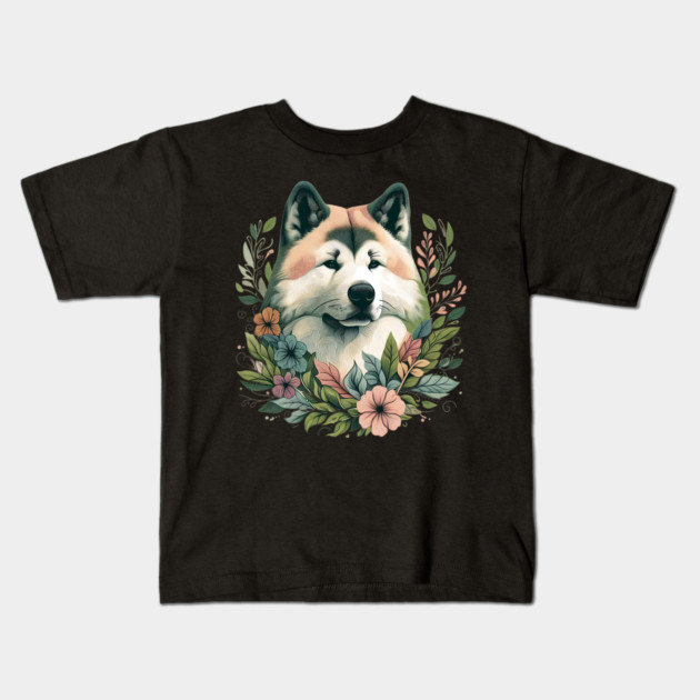 Floral Akita Dog Art Kids T-Shirt by BirdsnStuff