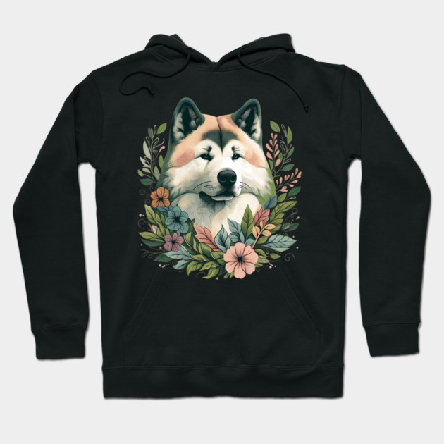 Floral Akita Dog Art Hoodie by BirdsnStuff