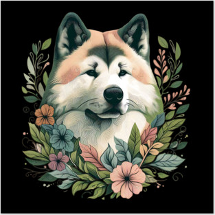 Floral Akita Dog Art Posters and Art