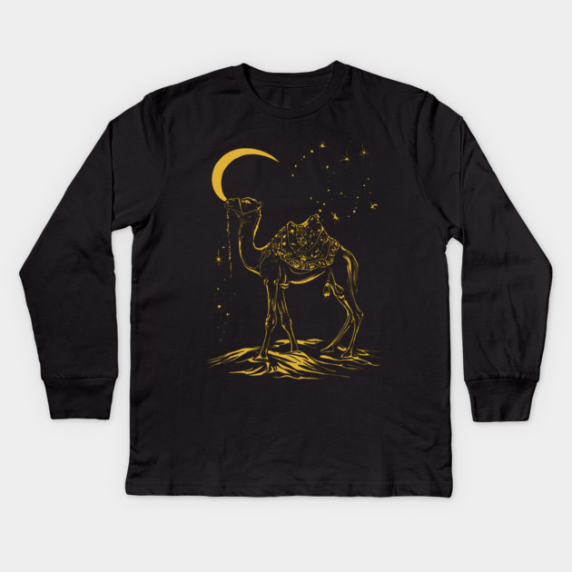 Gold Camel Grazing Arabian Night Kids Long Sleeve T-Shirt by TuncGK