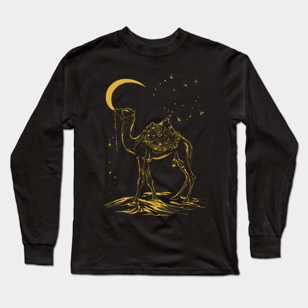 Gold Camel Grazing Arabian Night Long Sleeve T-Shirt by TuncGK