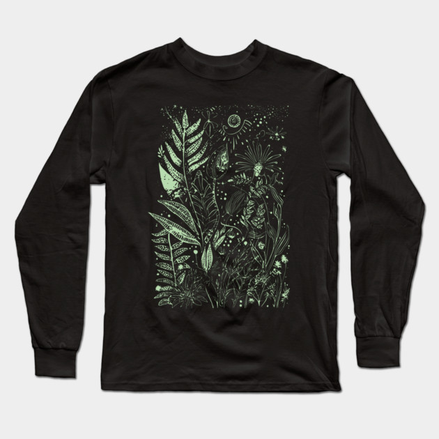 Botany - Ferns Herbs Mushrooms Plants - Neo Folk Boho Style Long Sleeve T-Shirt by TuncGK