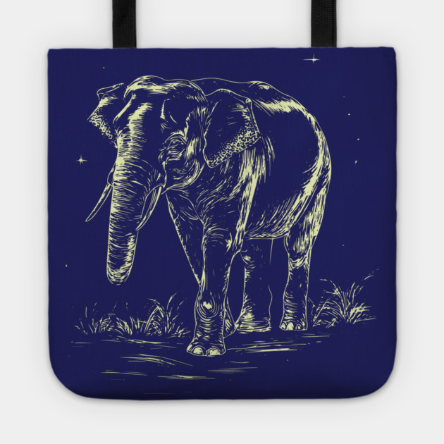 Elephant Grazing at Night - Neo Folk Boho Style Tote by TuncGK