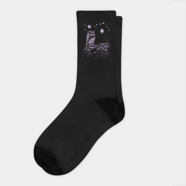 Pastel Purple Owl at Night - Neo Folk Boho Style Socks by TuncGK