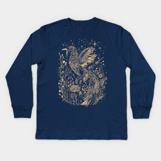 Gold Phoenix Awakening - Neo Folk Boho Style Kids Long Sleeve T-Shirt
