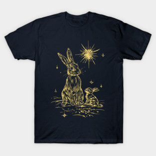 Mother Rabbit and Her Baby at Night - Neo Folk Boho Style T-Shirt