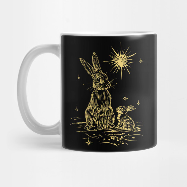 Mother Rabbit and Her Baby at Night - Neo Folk Boho Style by TuncGK