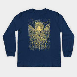 Sad Angel Line Art - Neo Folk Boho Style Kids Long Sleeve T-Shirt