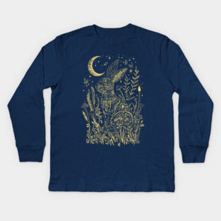 Shrooming Rabbit Line Art - Neo Folk Boho Style Kids Long Sleeve T-Shirt