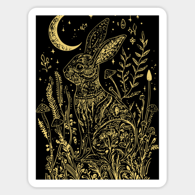Shrooming Rabbit Line Art - Neo Folk Boho Style Magnet by TuncGK
