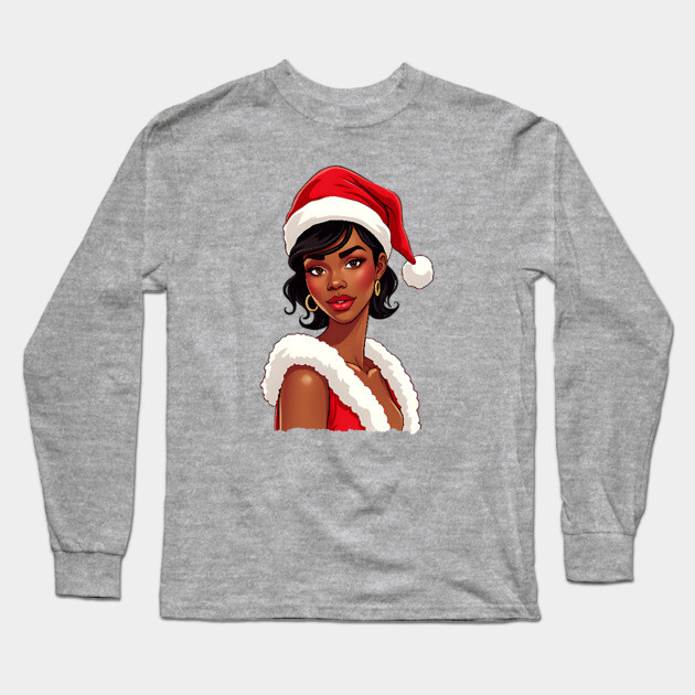 African American Woman Santa, Black Mrs Santa Claus Long Sleeve T-Shirt by UrbanLifeApparel