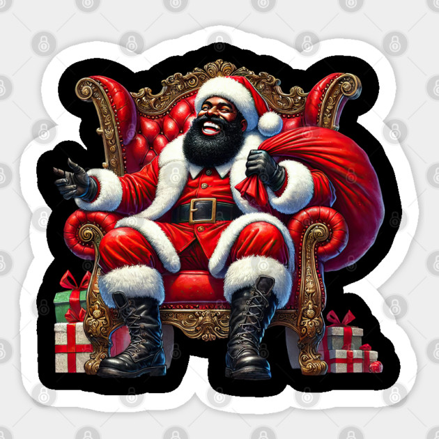 Black Santa, Cool Santa Sitting in Chair Sticker by UrbanLifeApparel
