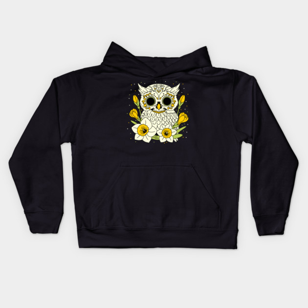December Narcissus & Owl Skull Kids Hoodie by H. R. Sinclair