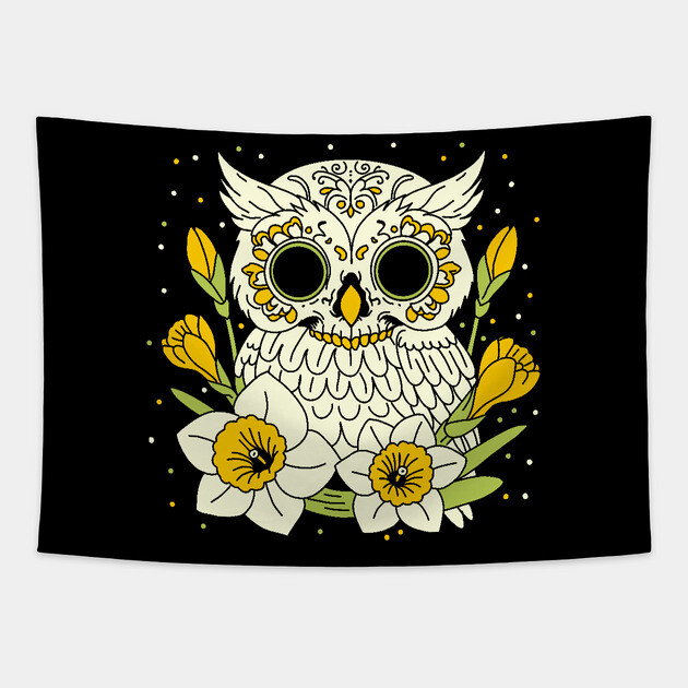 December Narcissus & Owl Skull Tapestry by H. R. Sinclair