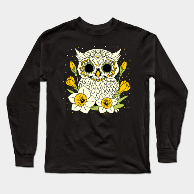 December Narcissus & Owl Skull Long Sleeve T-Shirt by H. R. Sinclair