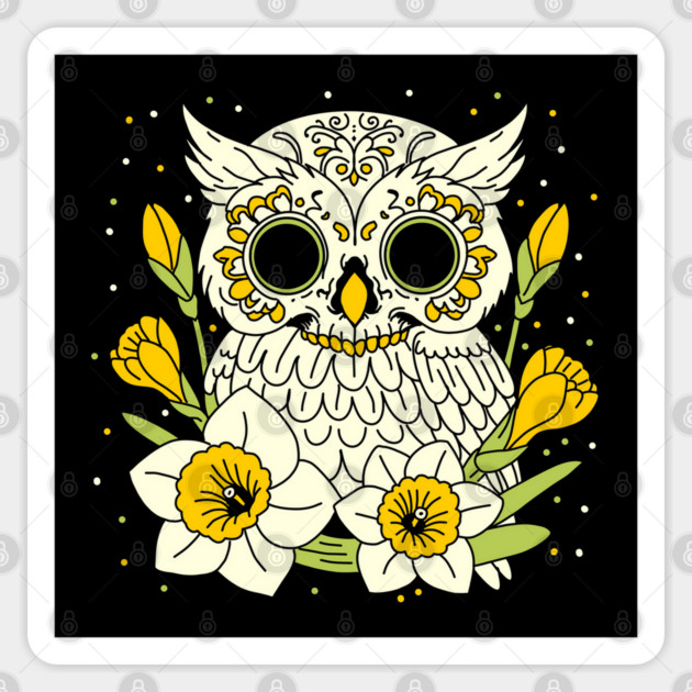December Narcissus & Owl Skull Sticker by H. R. Sinclair