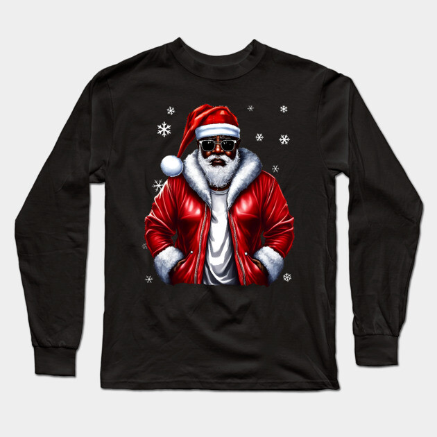 Cool Black Santa with Snow Flakes Long Sleeve T-Shirt by UrbanLifeApparel
