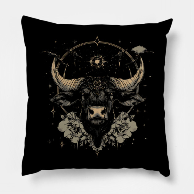 Taurus Zodiac - Art Nouveau Line Art Gold Pillow by TuncGK