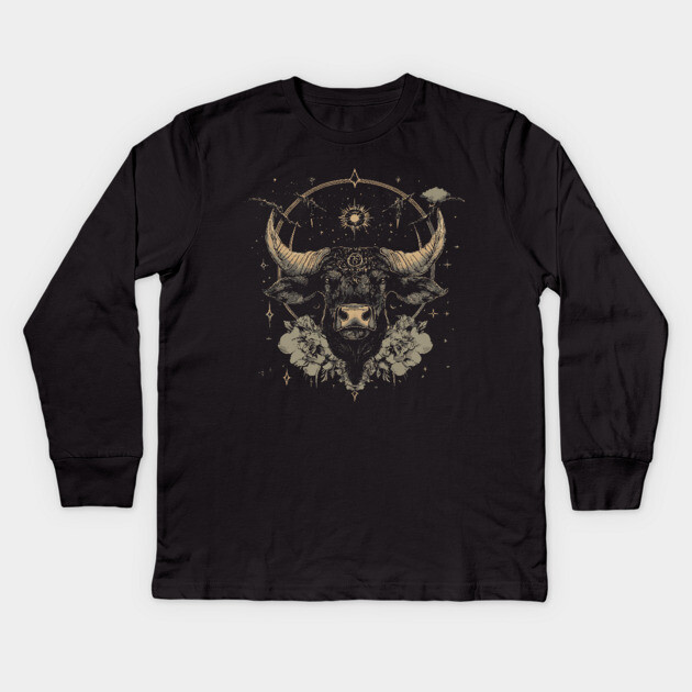 Taurus Zodiac - Art Nouveau Line Art Gold Kids Long Sleeve T-Shirt by TuncGK
