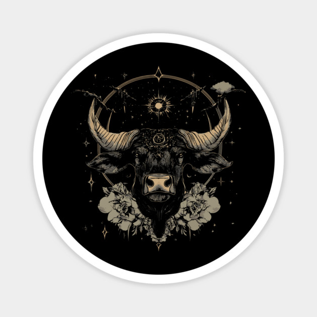 Taurus Zodiac - Art Nouveau Line Art Gold Magnet by TuncGK
