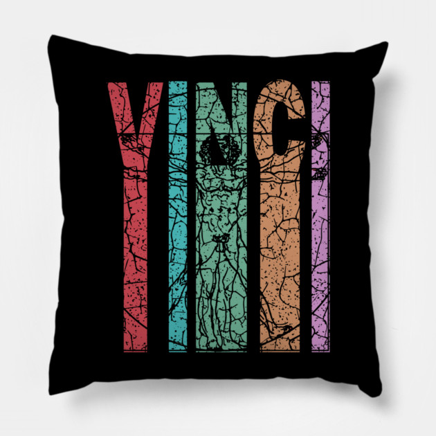 Vitruvian Man by Da Vinci - Retro Letters - Pastel Vintage Pillow by TuncGK