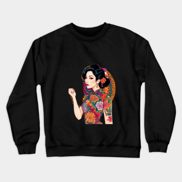 Anime Girl Unique & Elegant Hairstyle Character Flowers Crewneck Sweatshirt by animegirlnft
