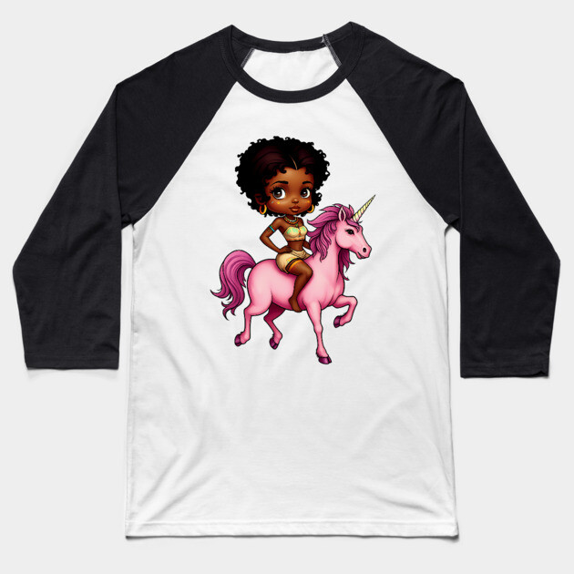 Black Girl Riding Unicorn Baseball T-Shirt by UrbanLifeApparel