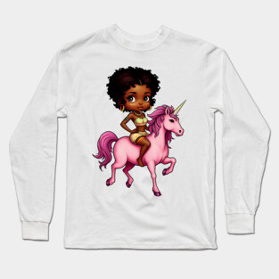 Black Girl Riding Unicorn Long Sleeve T-Shirt