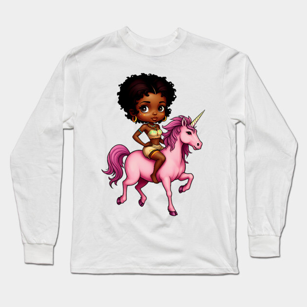 Black Girl Riding Unicorn Long Sleeve T-Shirt by UrbanLifeApparel