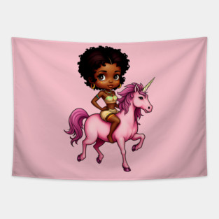 Black Girl Riding Unicorn Tapestry
