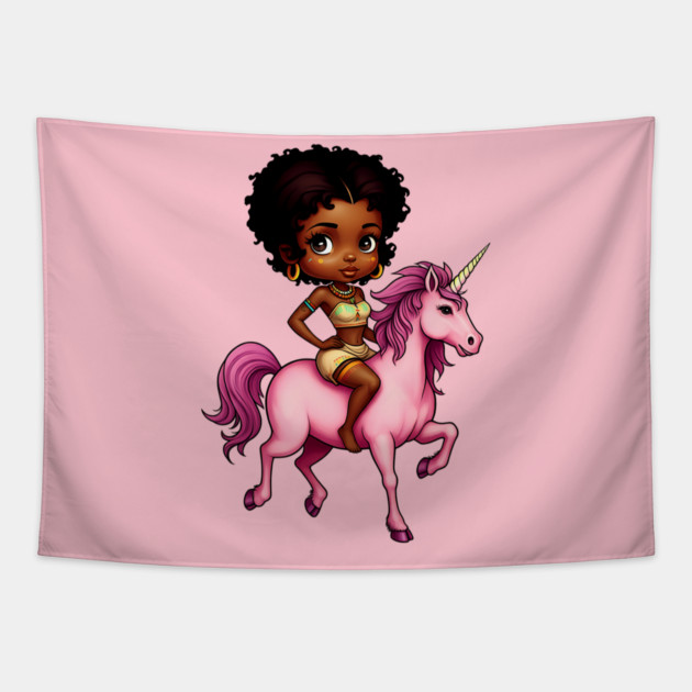 Black Girl Riding Unicorn Tapestry by UrbanLifeApparel