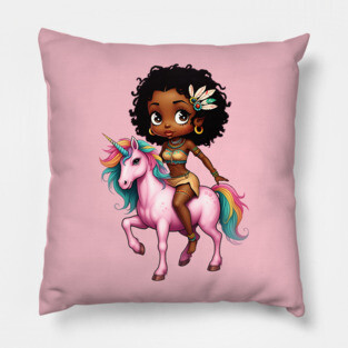 Black Girl Riding Unicorn Pillow