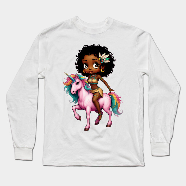 Black Girl Riding Unicorn Long Sleeve T-Shirt by UrbanLifeApparel