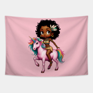 Black Girl Riding Unicorn Tapestry