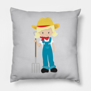 Farm Girl, Cute Girl, Blonde Hair, Farmer, Rake Pillow