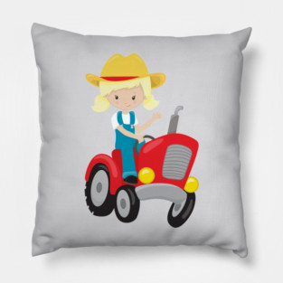 Farm Girl, Cute Girl, Blonde Hair, Farmer, Tractor Pillow