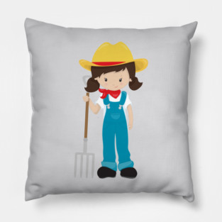 Farm Girl, Cute Girl, Brown Hair, Farmer, Rake Pillow