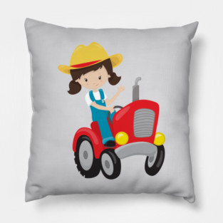 Farm Girl, Cute Girl, Brown Hair, Farmer, Tractor Pillow